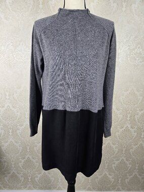 Qi Cashmere Size Medium Gray Black Colorblock Sweater Cashmere/Cupro Mock Neck